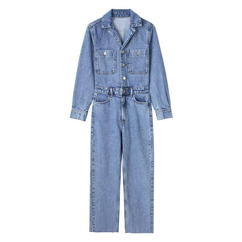 Girls’ Waist-tight Straight-leg Denim Jumpsuit - Women’s jumpsuit