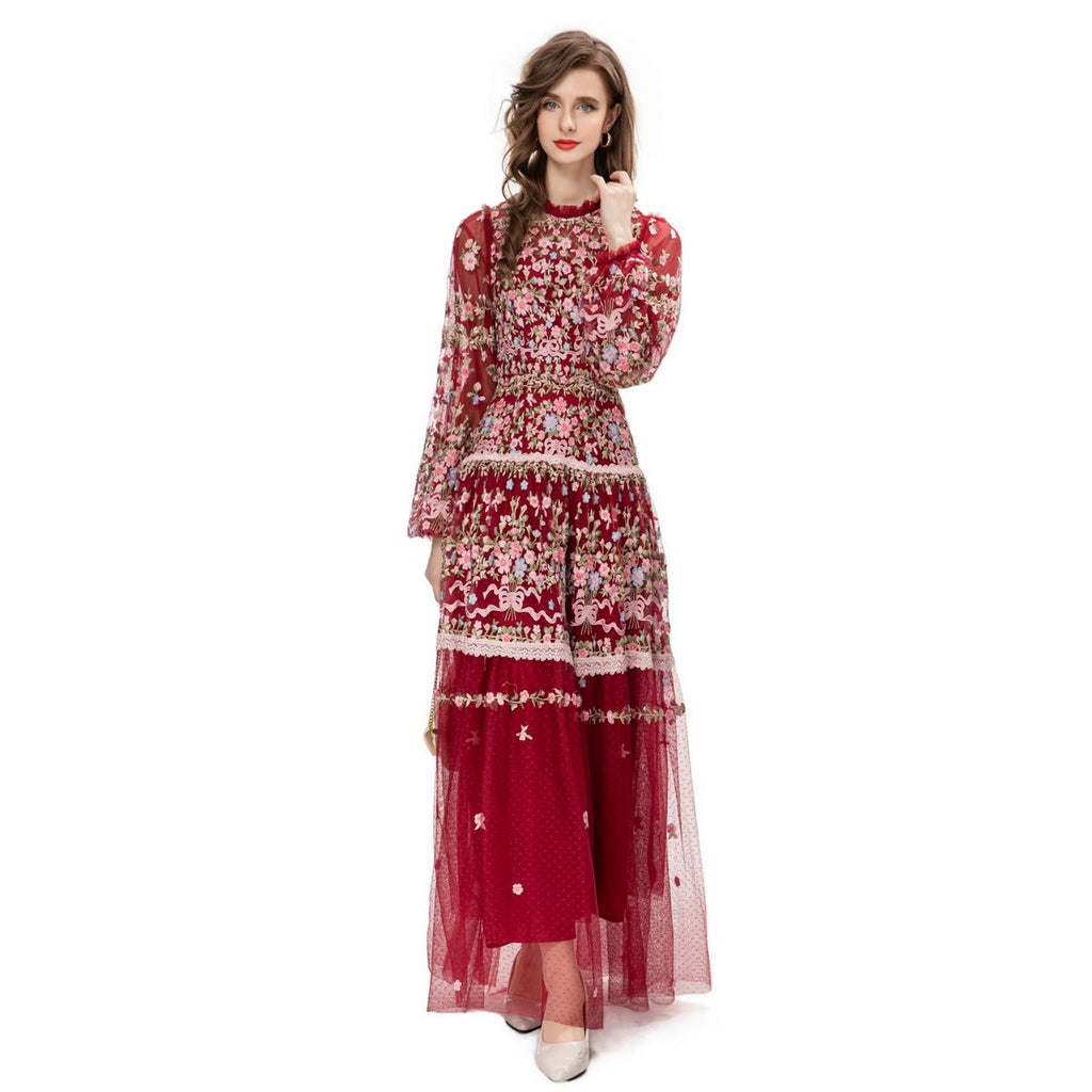 Heavy Embroidery Mesh Swing Dress Eid Dress Eid Outfit - Dark Red / L