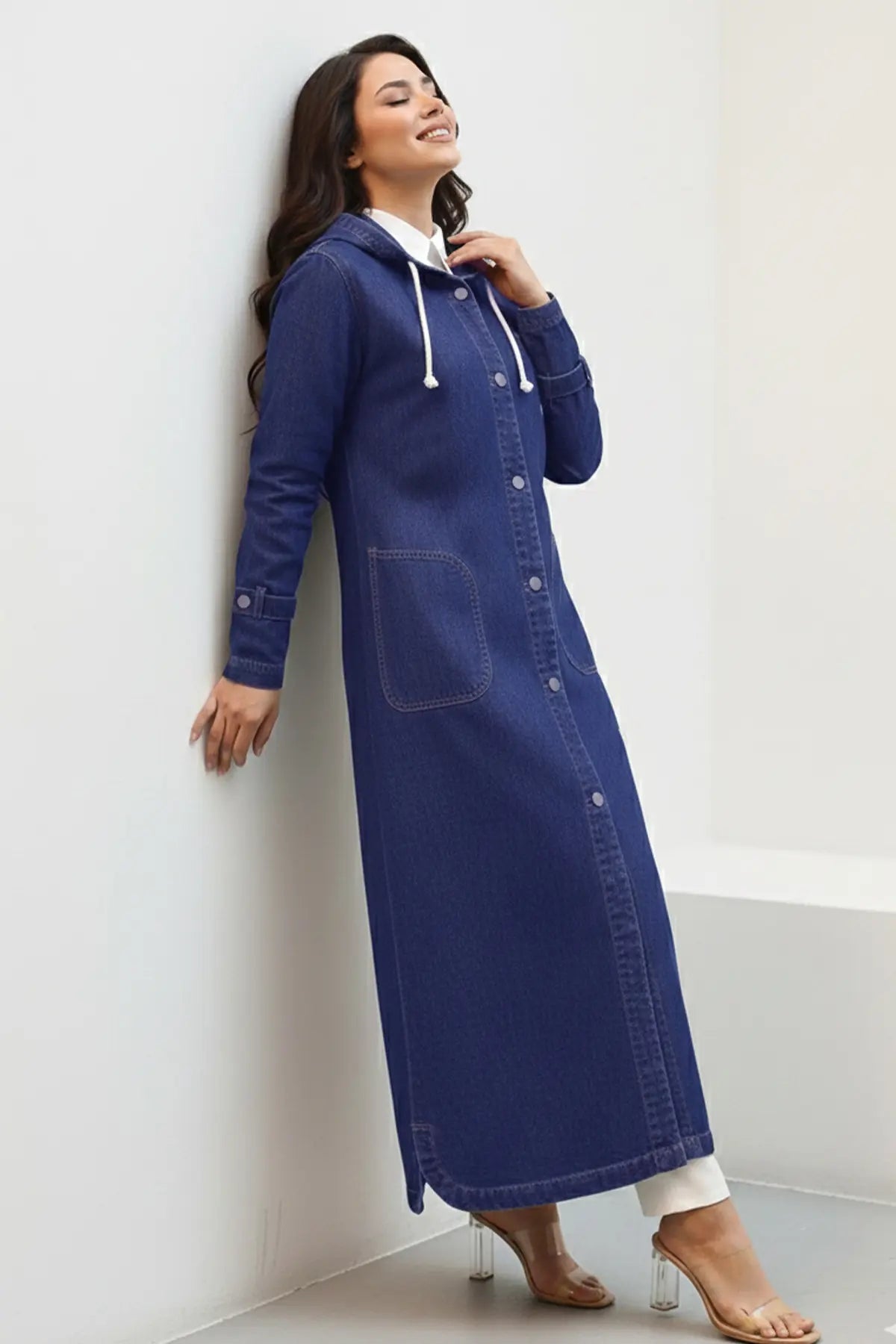 Hooded Button-down Sport Denim Jacket | Navy Blue – NEOMODEST product image 2
