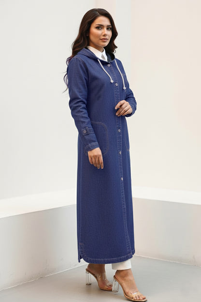 Hooded Button-down Sport Denim Jacket | Navy Blue – NEOMODEST product image 1