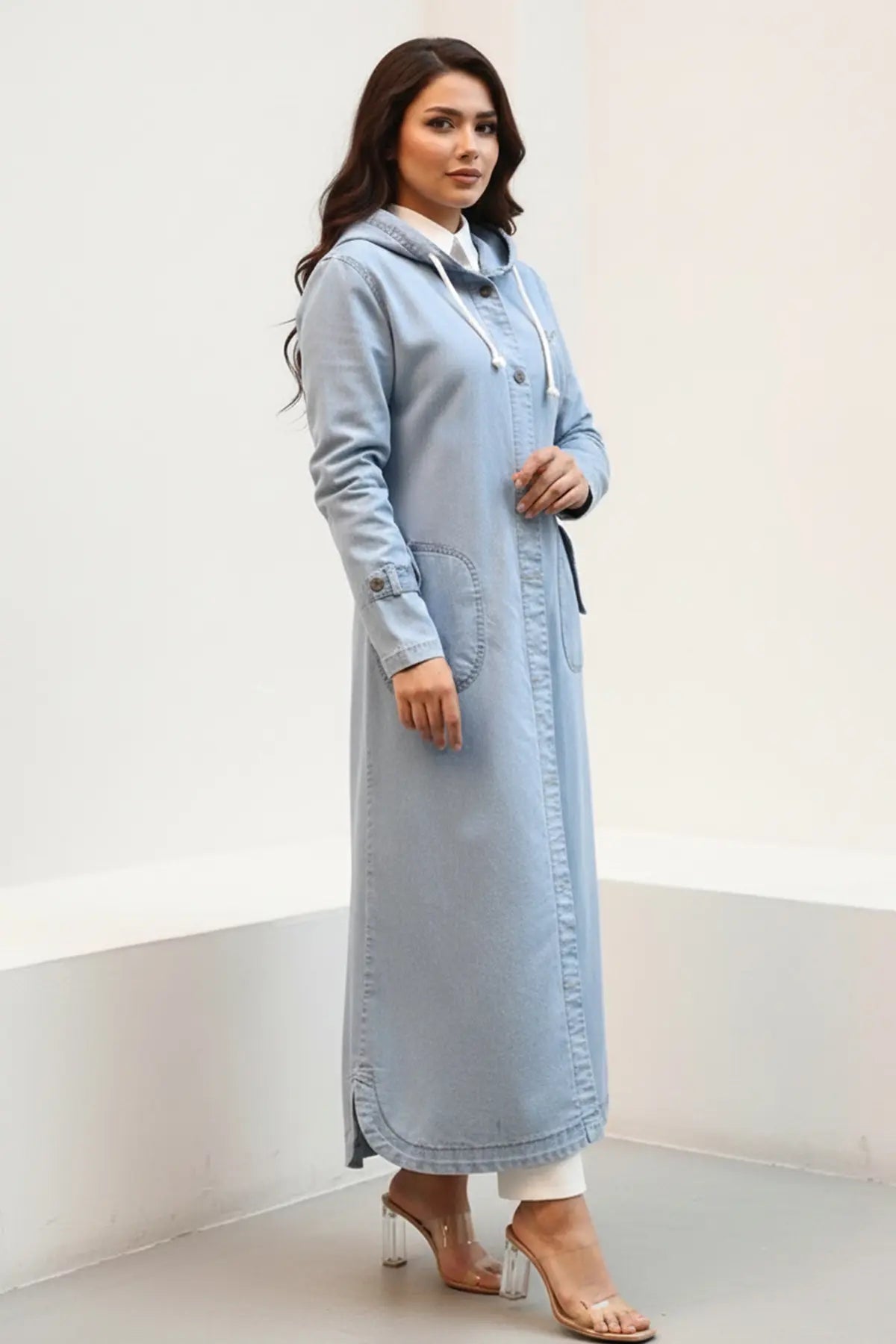 Hooded Button-down Sport Denim Jacket | Blue – NEOMODEST product image 2
