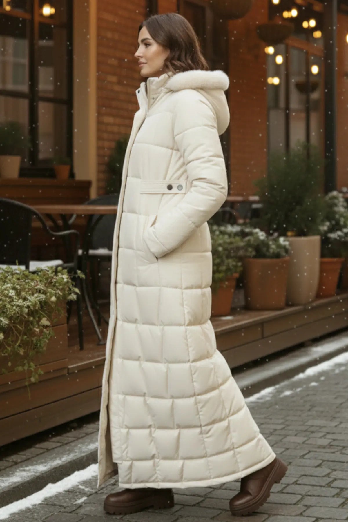 Hooded Quilted Coat | Beige – NEOMODEST product image 2