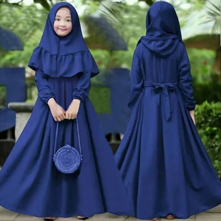 Kids’ Two-pieces Abaya Set Kids’ Solid-colour Long Dress with Headscarf Girls’ Modest Outfit Set - Kids’ Two-pieces