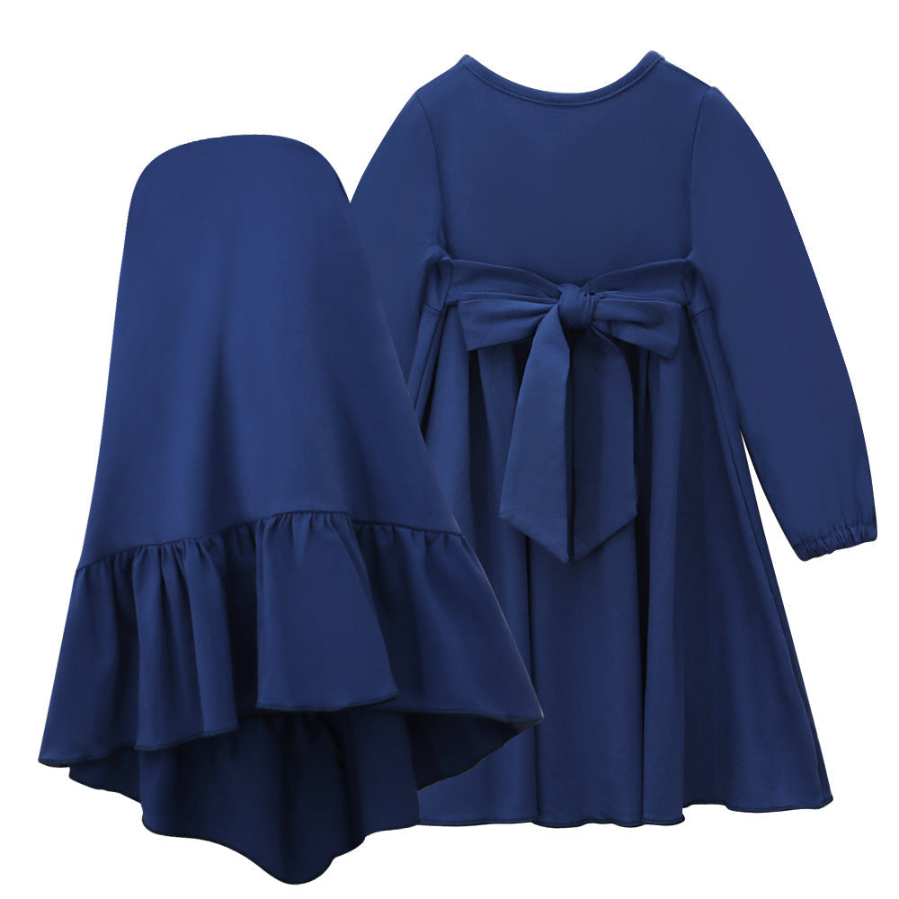 Kids’ Two-pieces Abaya Set Kids’ Solid-colour Long Dress with Headscarf Girls’ Modest Outfit Set - Kids’ Two-pieces