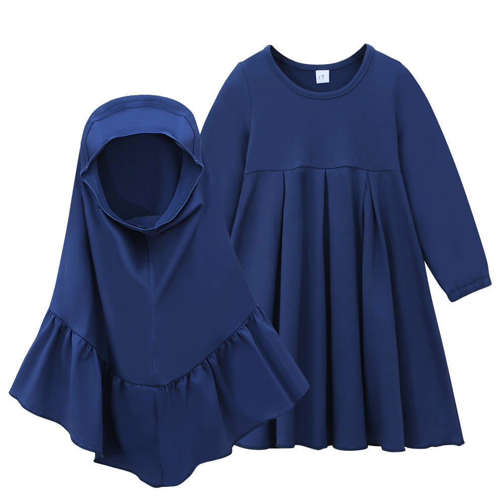 Kids’ Two-pieces Abaya Set Kids’ Solid-colour Long Dress with Headscarf Girls’ Modest Outfit Set - Blue CC02243-AS