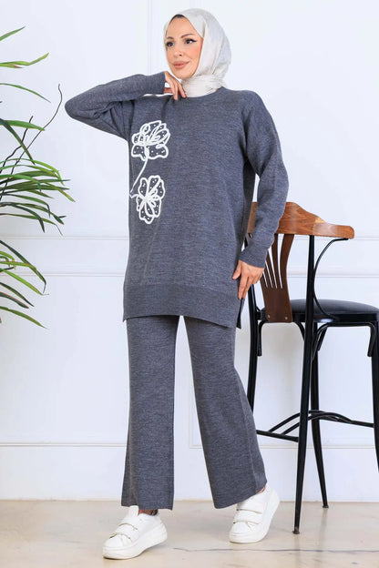 Knitwear Set With Embroidery Details | Grey – NEOMODEST, image 2