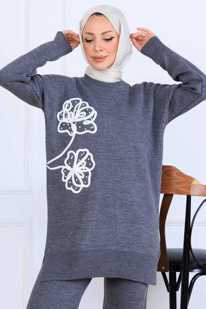 Knitwear Set With Embroidery Details | Grey – NEOMODEST, image 3