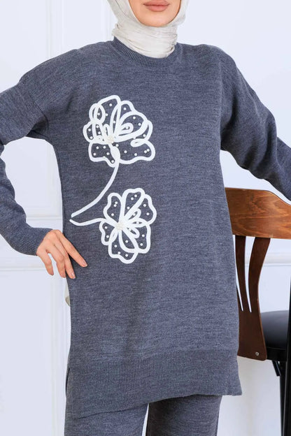 Knitwear Set With Embroidery Details | Grey – NEOMODEST, image 4