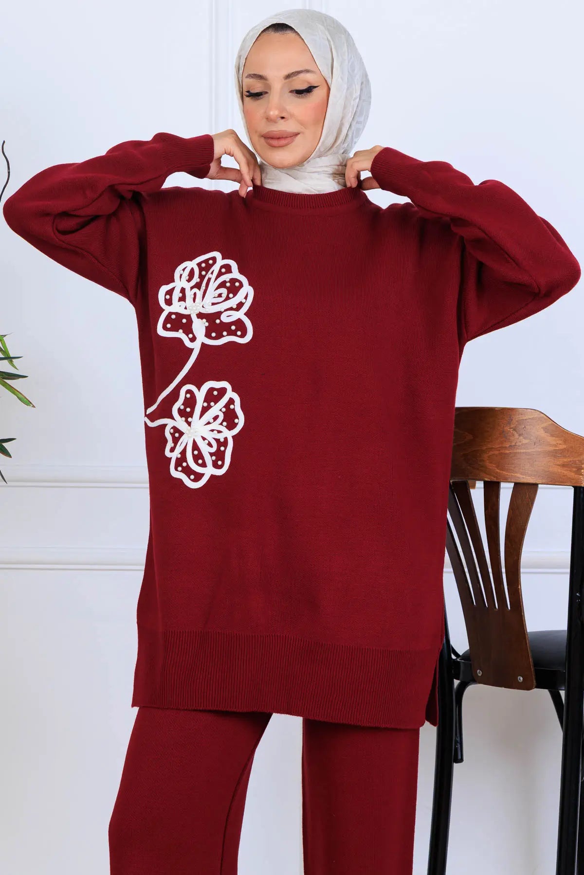 Knitwear Set With Embroidery Details | Claret Red – NEOMODEST, image 2