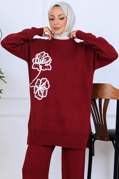 Knitwear Set With Embroidery Details | Claret Red – NEOMODEST, image 2