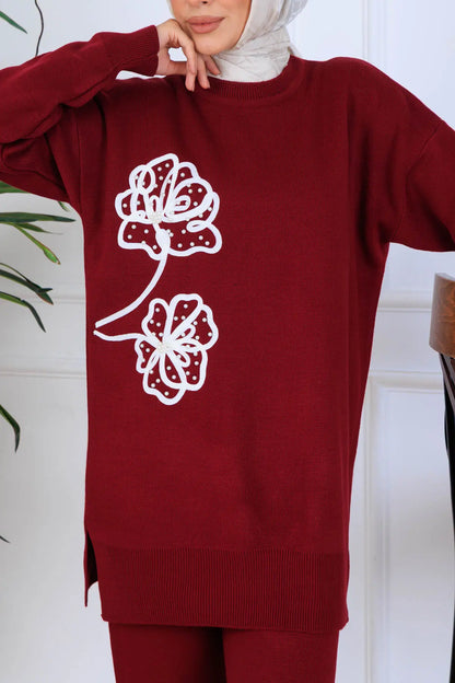 Knitwear Set With Embroidery Details | Claret Red – NEOMODEST, image 3