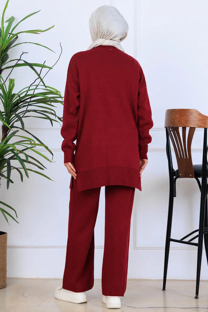 Knitwear Set With Embroidery Details | Claret Red – NEOMODEST, image 4