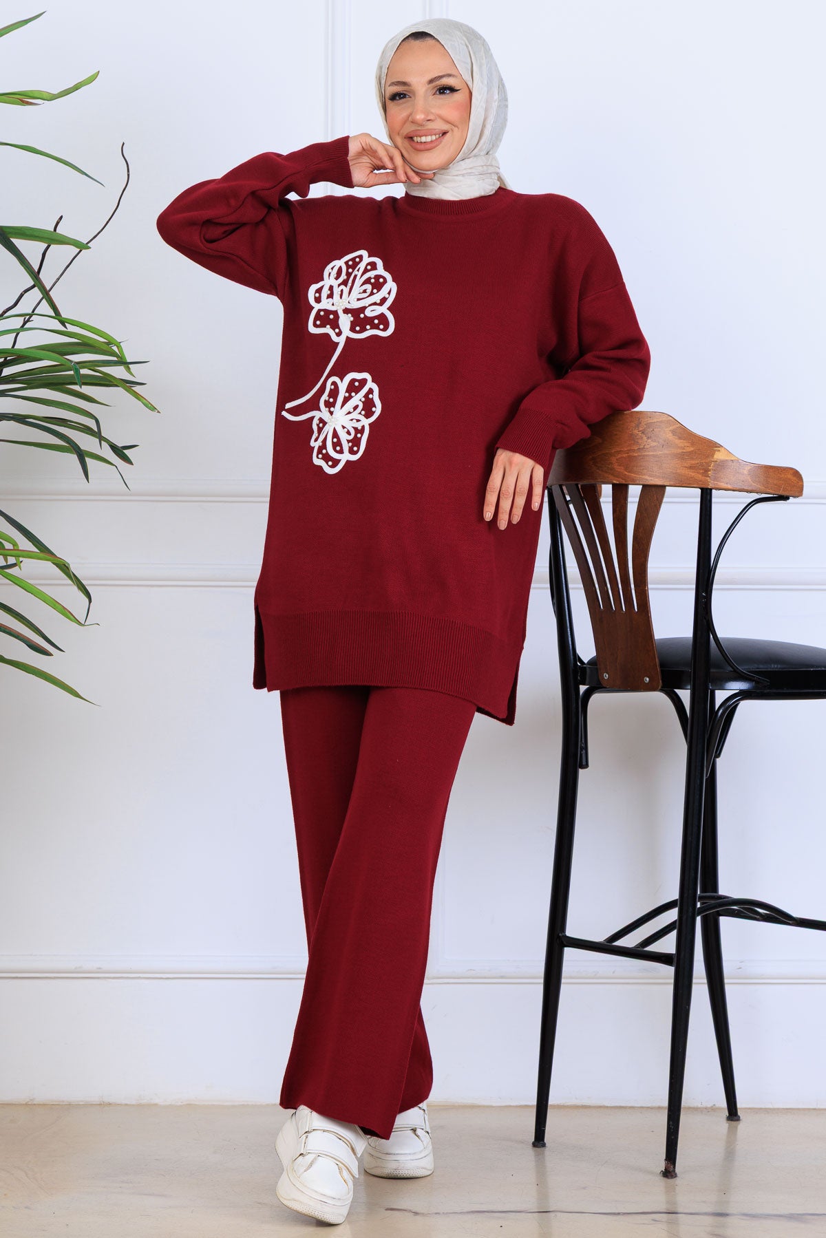 Knitwear Set With Embroidery Details | Claret Red – NEOMODEST, image 1