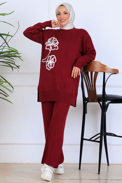 Knitwear Set With Embroidery Details | Claret Red – NEOMODEST, image 1