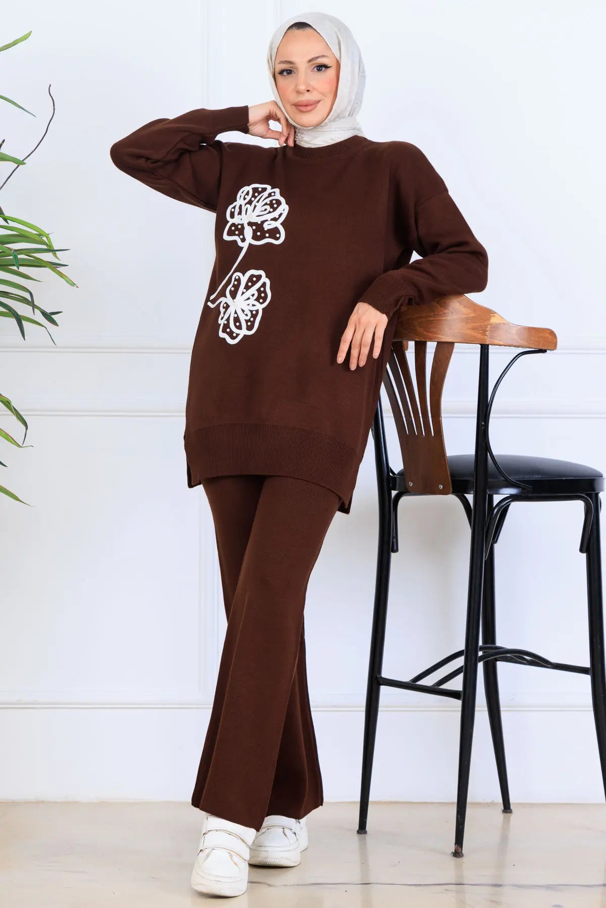 Knitwear Set With Embroidery Details | Brown – NEOMODEST, image 3