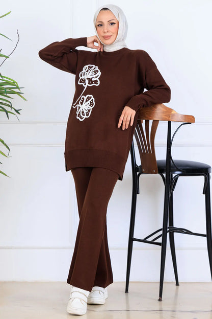 Knitwear Set With Embroidery Details | Brown – NEOMODEST, image 3