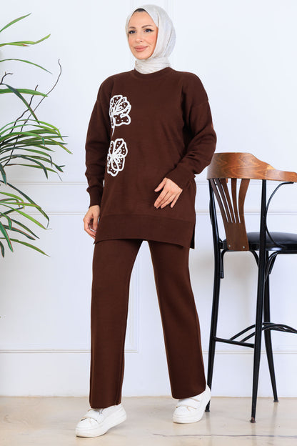 Knitwear Set With Embroidery Details | Brown – NEOMODEST, image 1