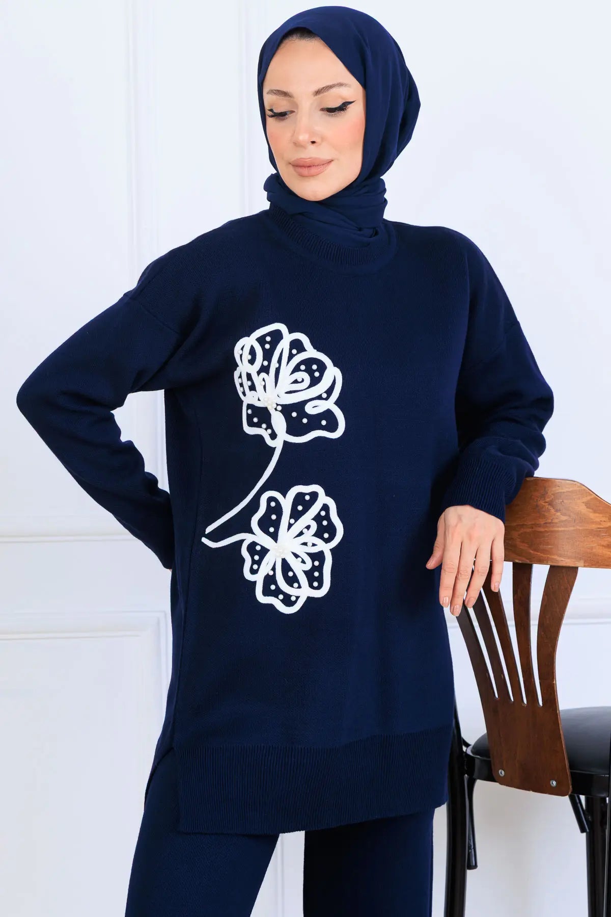 Knitwear Set With Embroidery Details | Navy Blue – NEOMODEST, image 2
