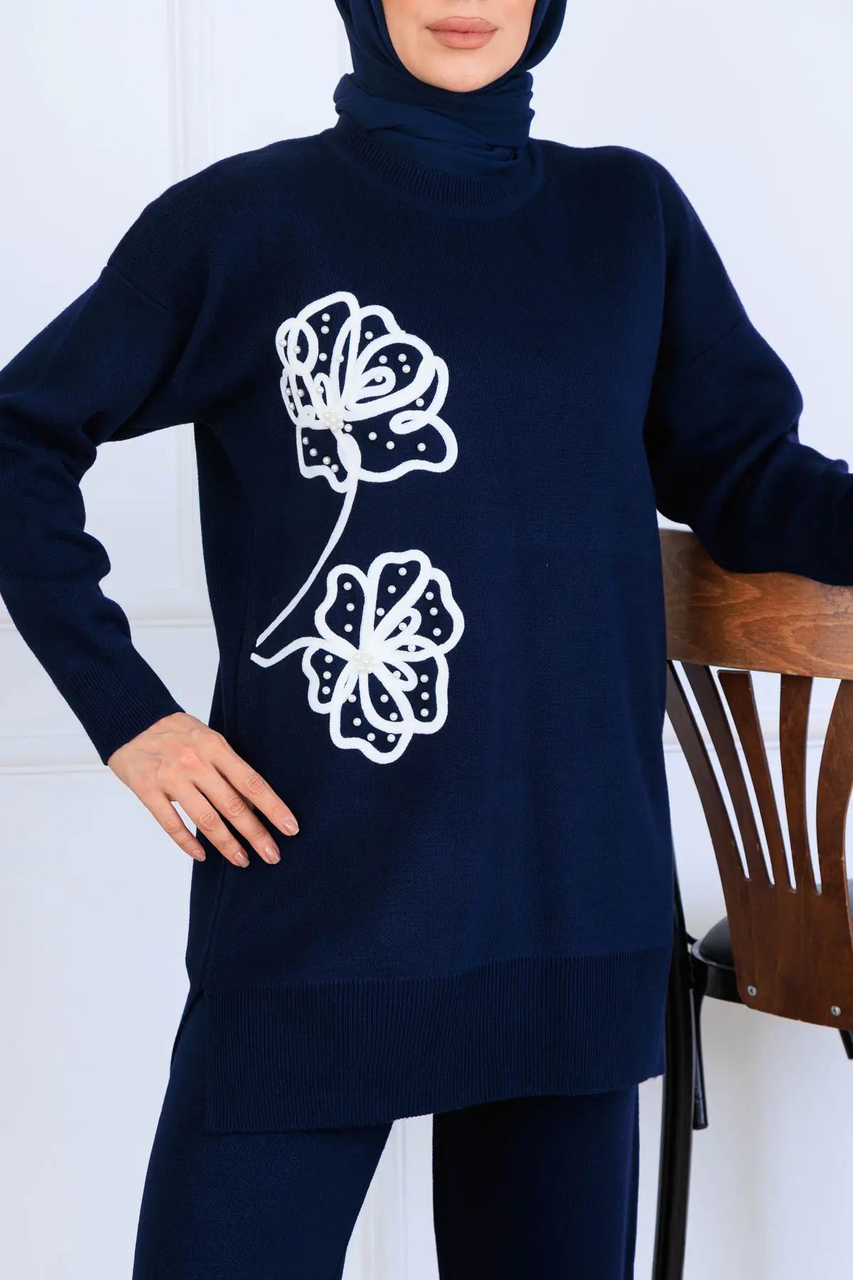 Knitwear Set With Embroidery Details | Navy Blue – NEOMODEST, image 3