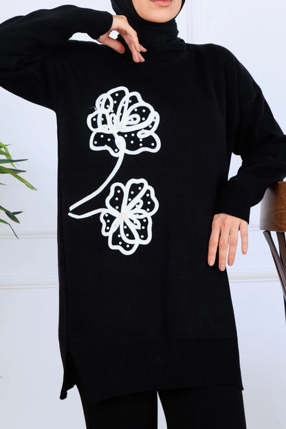 Knitwear Set With Embroidery Details | Black – NEOMODEST, image 2