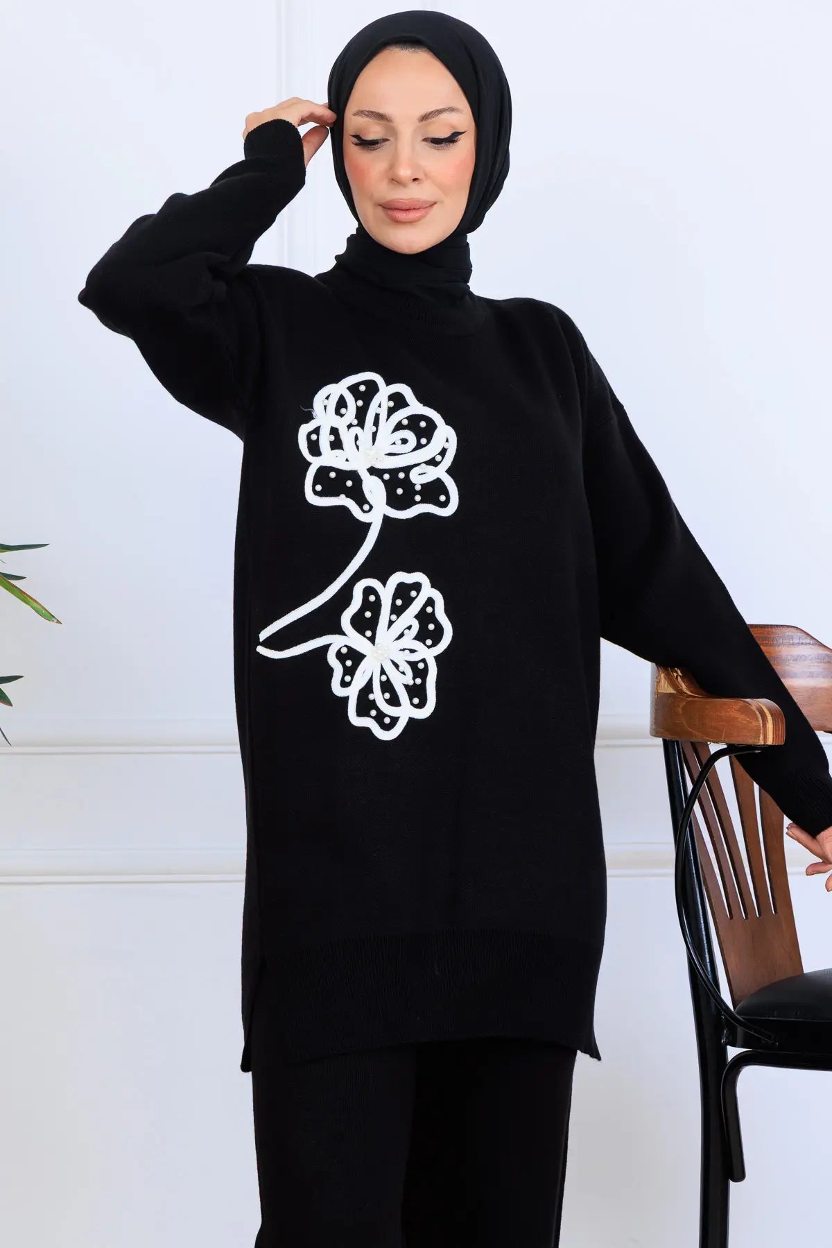 Knitwear Set With Embroidery Details | Black – NEOMODEST, image 3