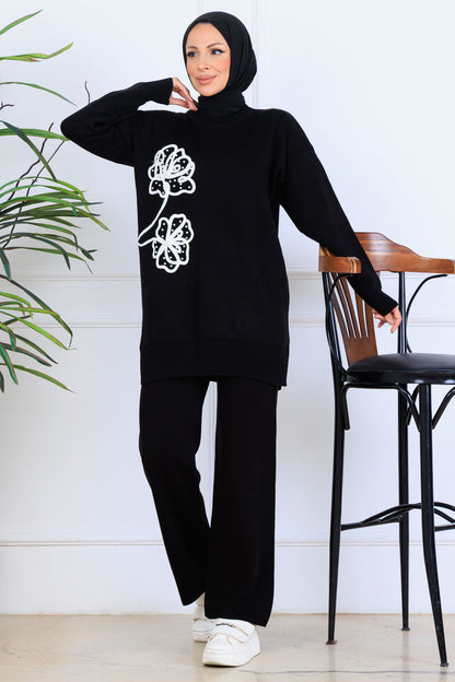Knitwear Set With Embroidery Details | Black – NEOMODEST, image 1