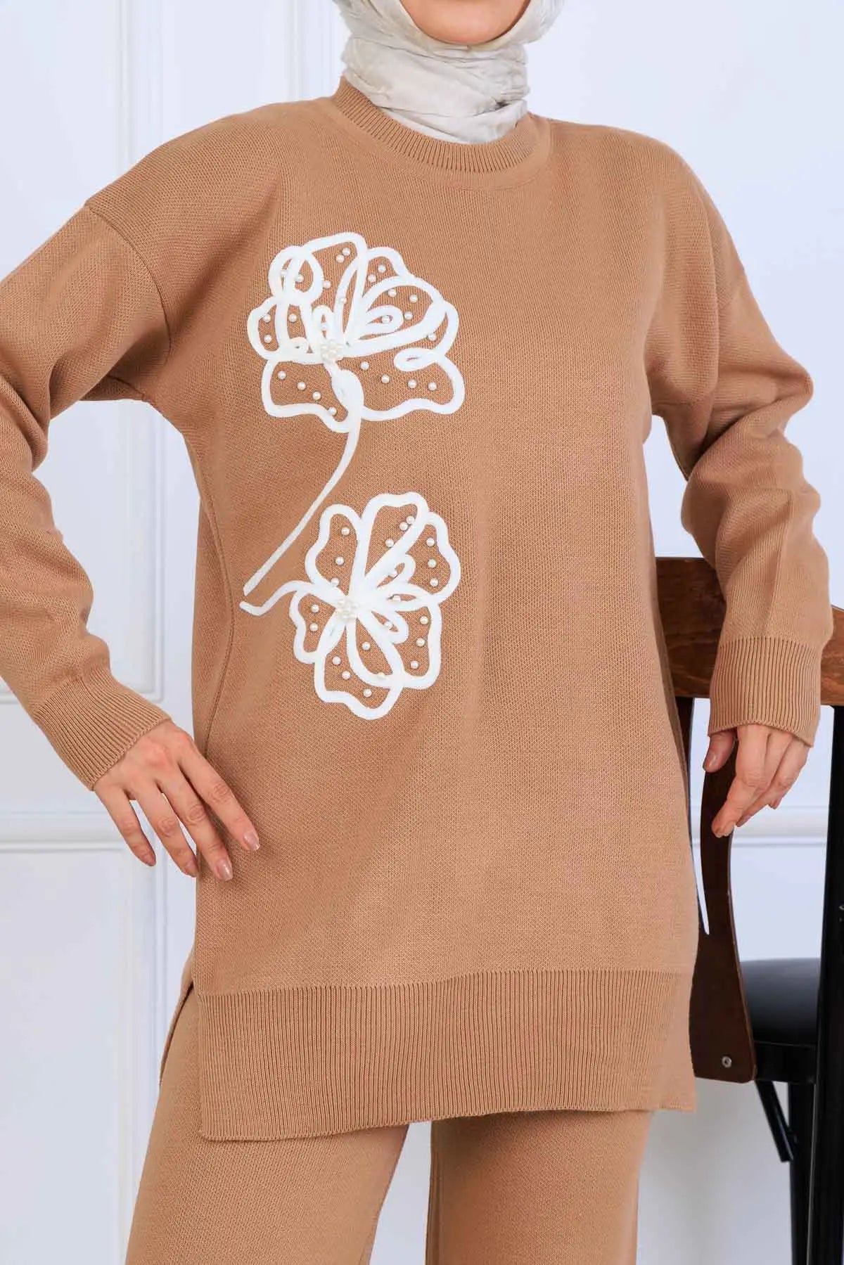 Knitwear Set With Embroidery Details | Camel – NEOMODEST, image 3