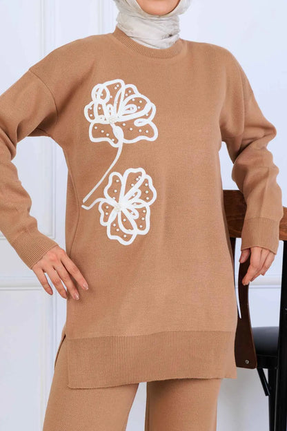 Knitwear Set With Embroidery Details | Camel – NEOMODEST, image 3