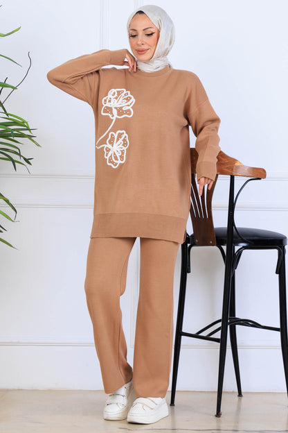 Knitwear Set With Embroidery Details | Camel – NEOMODEST, image 1