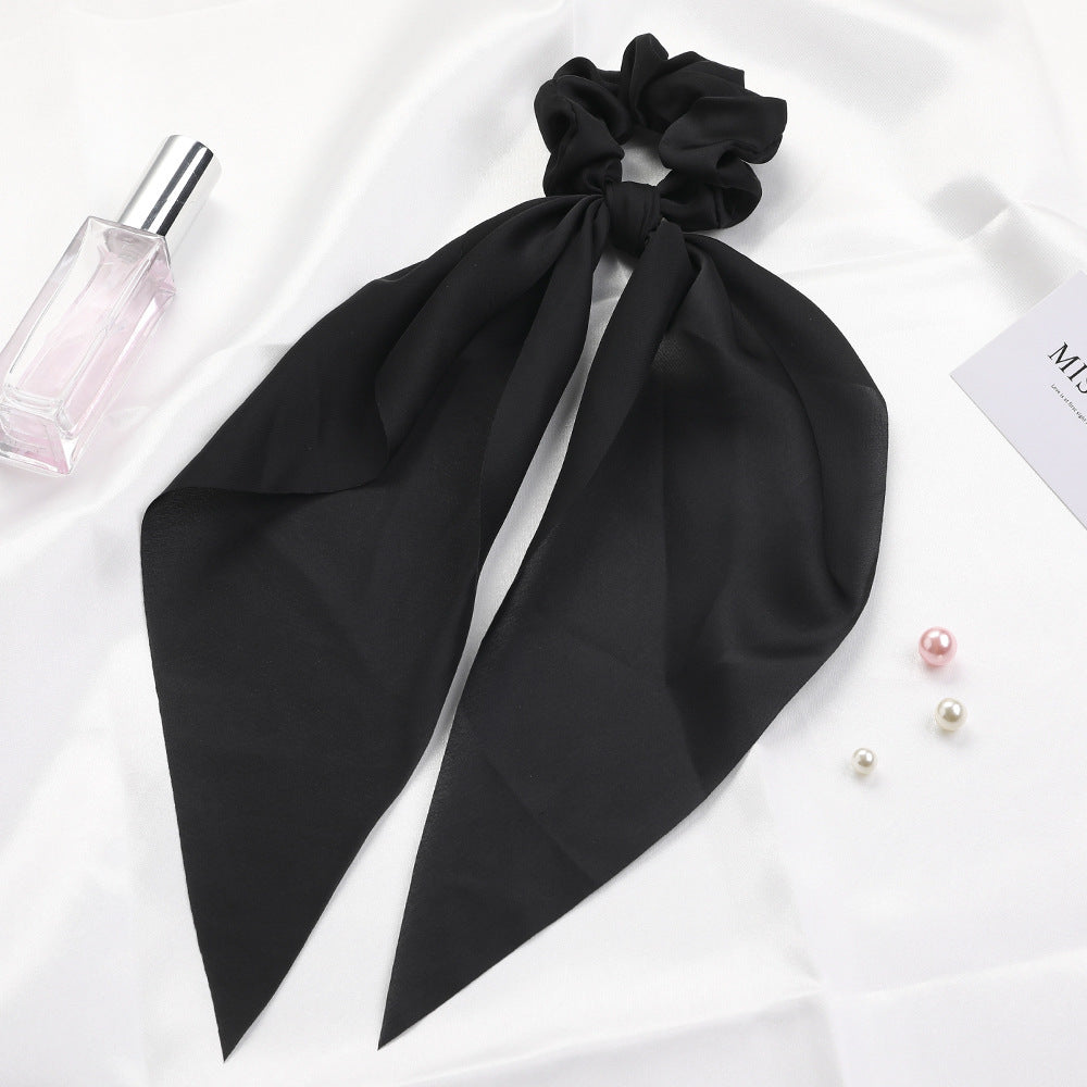 Knotted Ribbon Satin Hair Scarf Monochrome Silky Square Scarf Hair Tie Ladies’ Ponytail Hair Scrunchie - Black - Hair