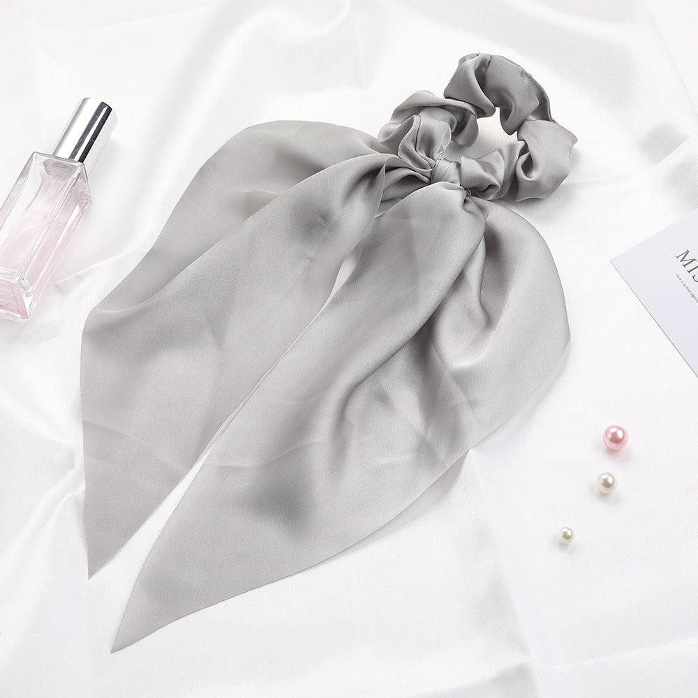 Knotted Ribbon Satin Hair Scarf Monochrome Silky Square Scarf Hair Tie Ladies’ Ponytail Hair Scrunchie - Grey - Hair