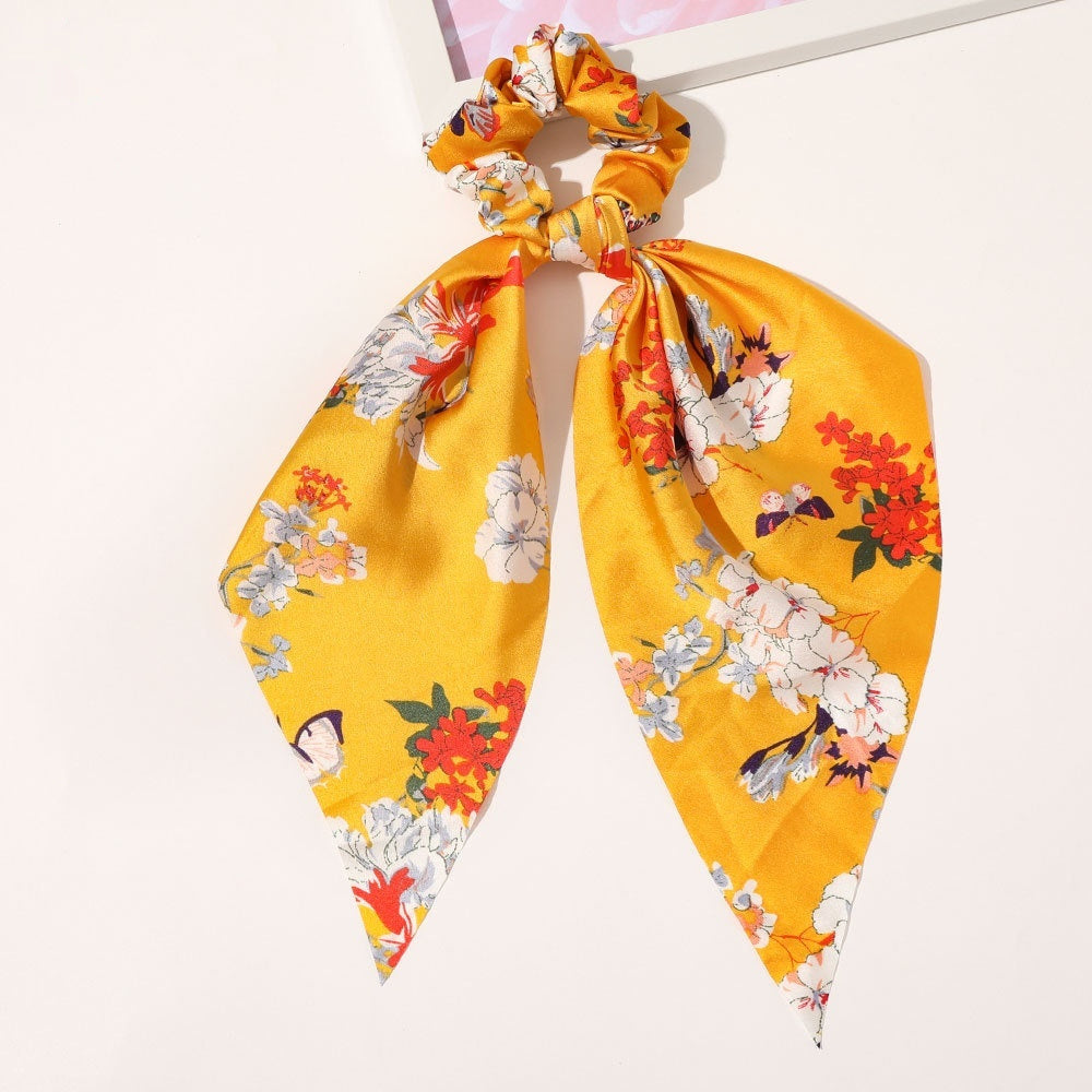 Knotted Ribbon Satin Hair Scarf Monochrome Silky Square Scarf Hair Tie Ladies’ Ponytail Hair Scrunchie - Ribbon yellow