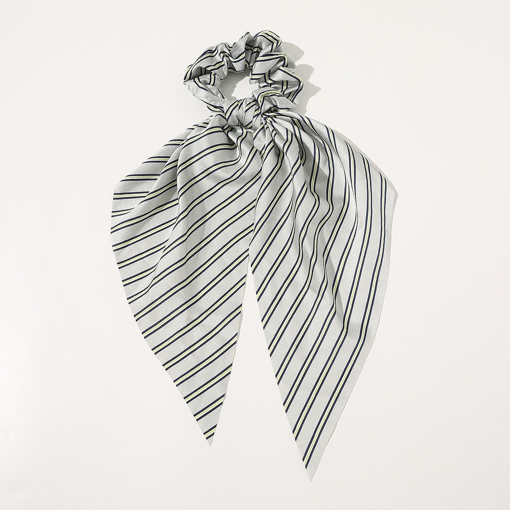 Knotted Ribbon Satin Hair Scarf Monochrome Silky Square Scarf Hair Tie Ladies’ Ponytail Hair Scrunchie - Striped gray
