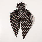 Knotted Ribbon Satin Hair Scarf Monochrome Silky Square Scarf Hair Tie Ladies’ Ponytail Hair Scrunchie - Striped black