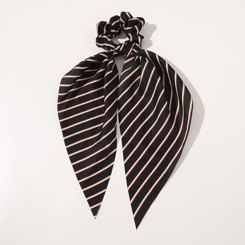 Knotted Ribbon Satin Hair Scarf Monochrome Silky Square Scarf Hair Tie Ladies’ Ponytail Hair Scrunchie - Striped black