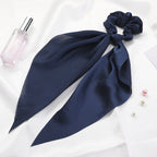 Knotted Ribbon Satin Hair Scarf Monochrome Silky Square Scarf Hair Tie Ladies’ Ponytail Hair Scrunchie - Navy Blue