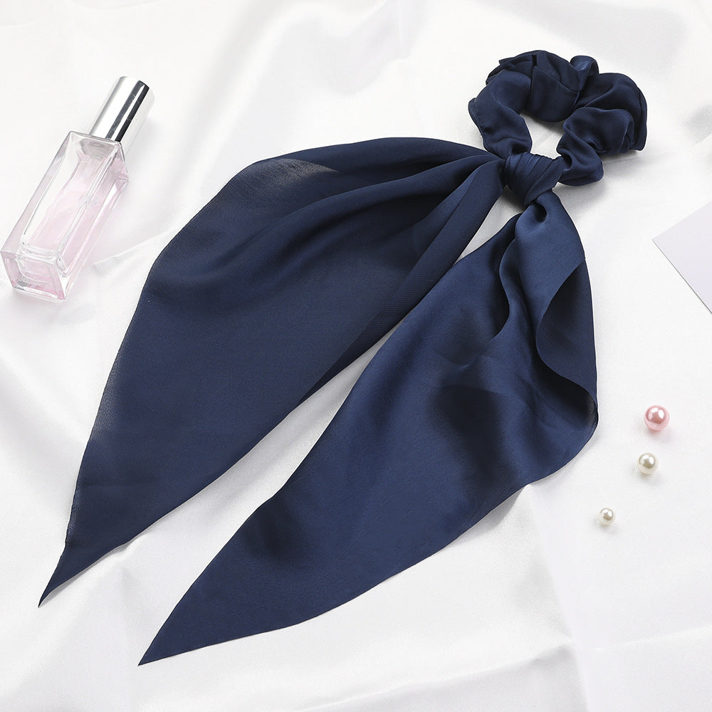 Knotted Ribbon Satin Hair Scarf Monochrome Silky Square Scarf Hair Tie Ladies’ Ponytail Hair Scrunchie - Navy Blue