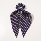 Knotted Ribbon Satin Hair Scarf Monochrome Silky Square Scarf Hair Tie Ladies’ Ponytail Hair Scrunchie - Striped navy