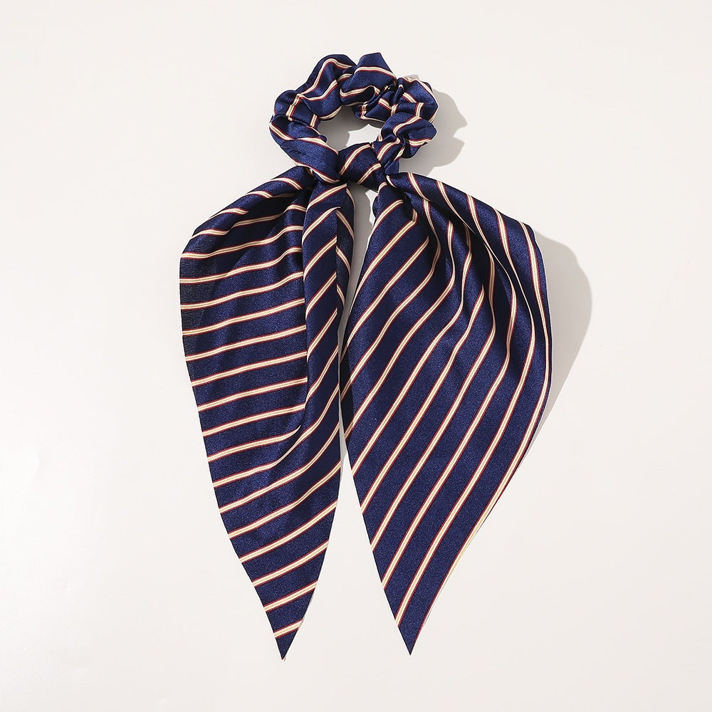 Knotted Ribbon Satin Hair Scarf Monochrome Silky Square Scarf Hair Tie Ladies’ Ponytail Hair Scrunchie - Striped navy