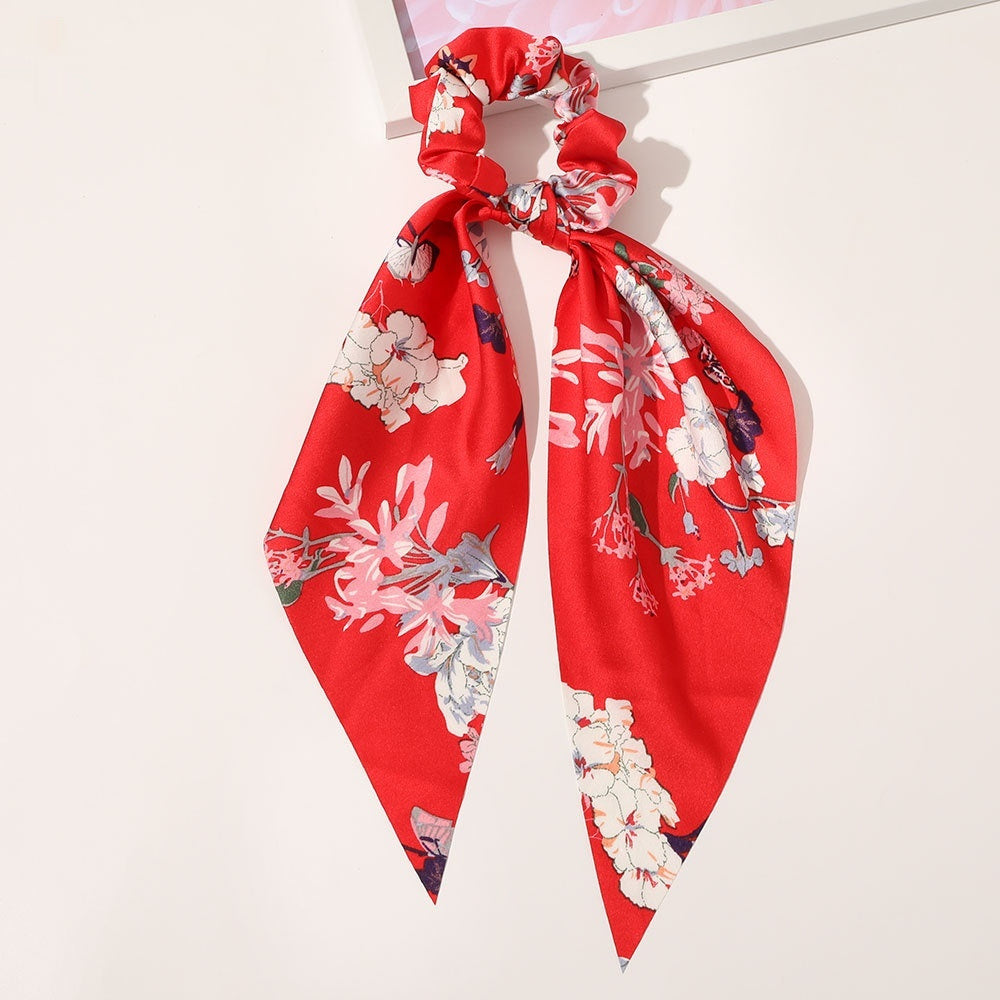 Knotted Ribbon Satin Hair Scarf Monochrome Silky Square Scarf Hair Tie Ladies’ Ponytail Hair Scrunchie - Ribbon red