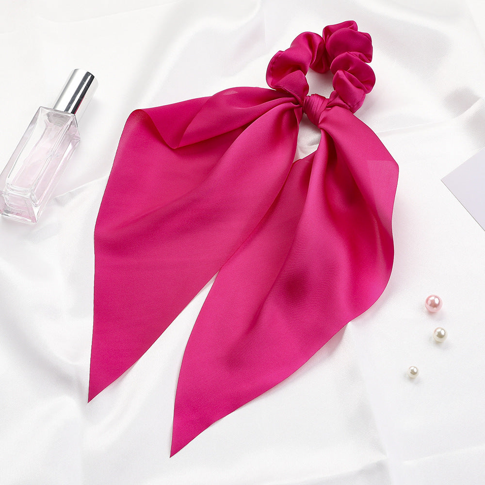 Knotted Ribbon Satin Hair Scarf Monochrome Silky Square Scarf Hair Tie Ladies’ Ponytail Hair Scrunchie - Rose Red
