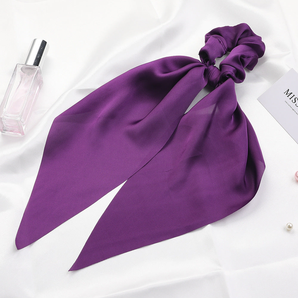 Knotted Ribbon Satin Hair Scarf Monochrome Silky Square Scarf Hair Tie Ladies’ Ponytail Hair Scrunchie - Purple - Hair