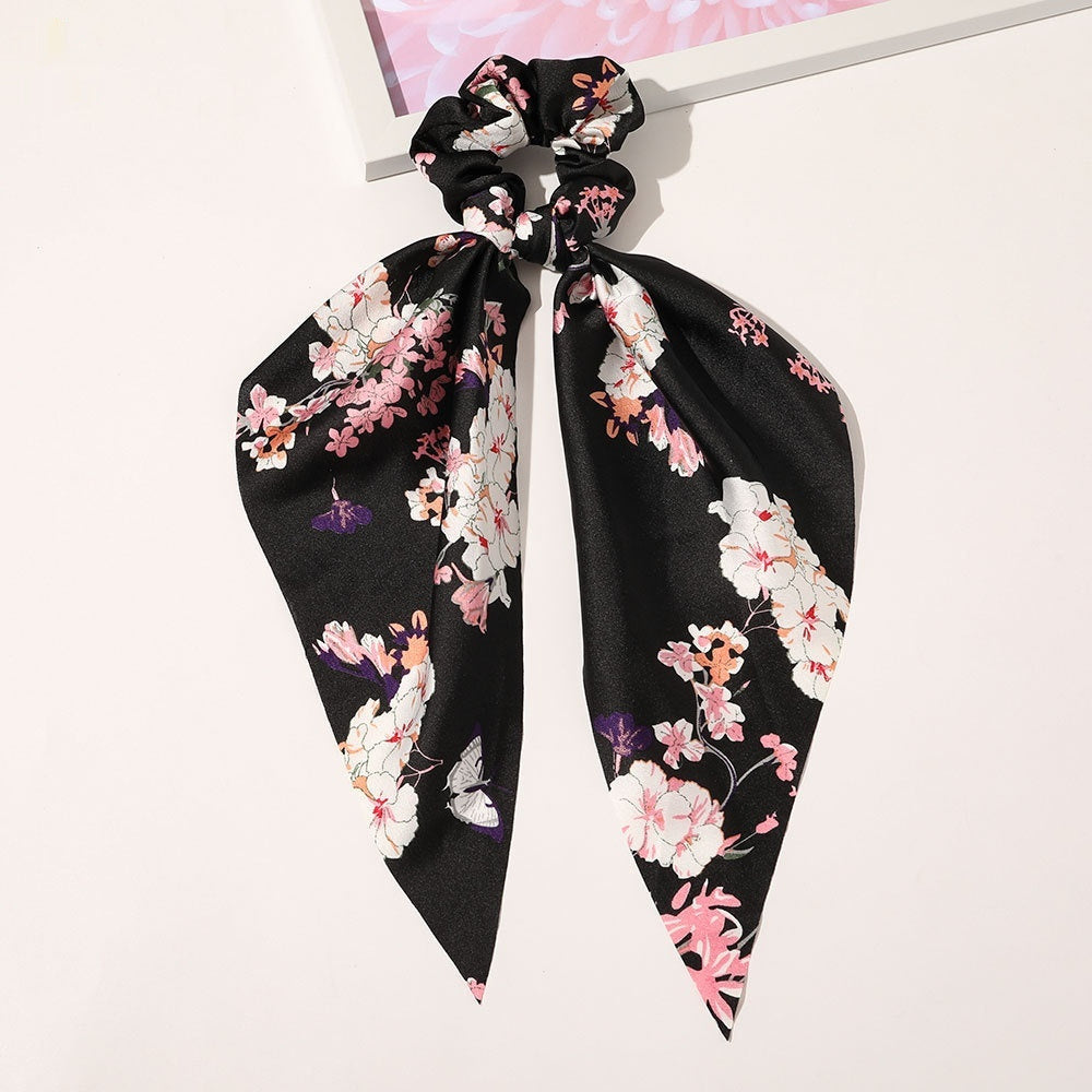 Knotted Ribbon Satin Hair Scarf Monochrome Silky Square Scarf Hair Tie Ladies’ Ponytail Hair Scrunchie - Ribbon black