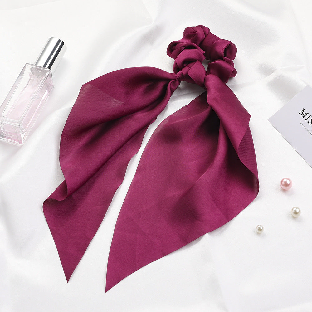 Knotted Ribbon Satin Hair Scarf Monochrome Silky Square Scarf Hair Tie Ladies’ Ponytail Hair Scrunchie - Wine Red