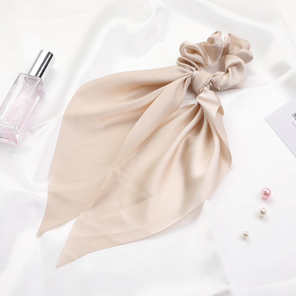 Knotted Ribbon Satin Hair Scarf Monochrome Silky Square Scarf Hair Tie Ladies’ Ponytail Hair Scrunchie - Champagne