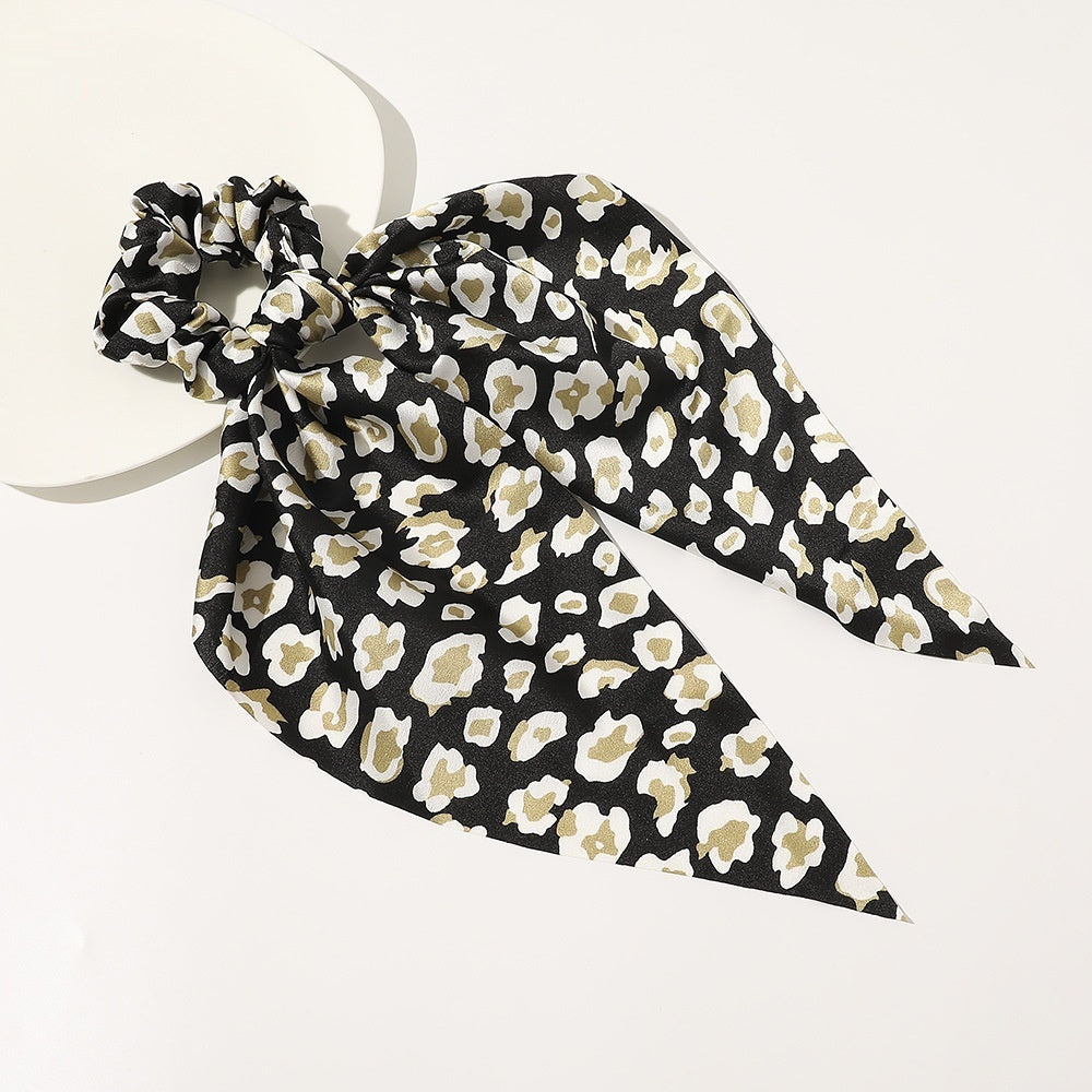 Knotted Ribbon Satin Hair Scarf Monochrome Silky Square Scarf Hair Tie Ladies’ Ponytail Hair Scrunchie - Leopard print
