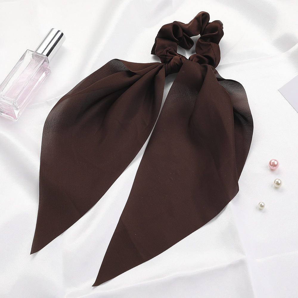 Knotted Ribbon Satin Hair Scarf Monochrome Silky Square Scarf Hair Tie Ladies’ Ponytail Hair Scrunchie - Coffee - Hair