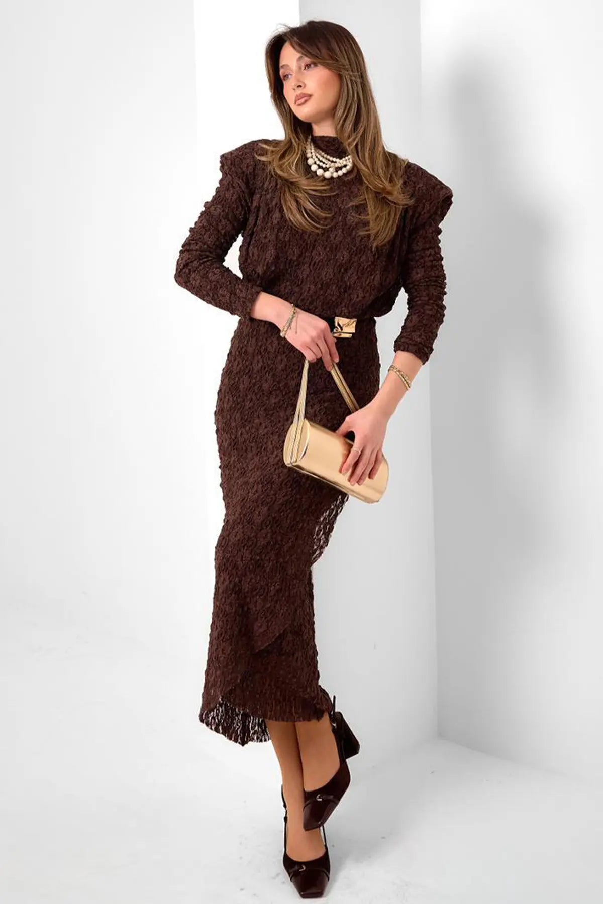 Lace Dress With Buckle Detail | Brown – NEOMODEST product image 2