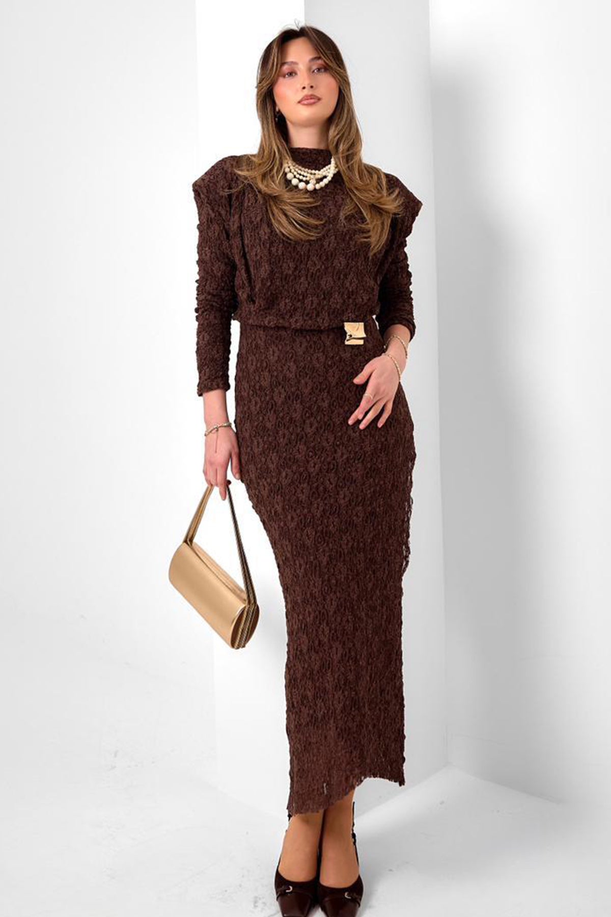 Lace Dress With Buckle Detail | Brown – NEOMODEST product image 1