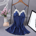 Lace Silk Suspender Nightdress With Chest Pad - Navy Blue / 2XL - Nightdress